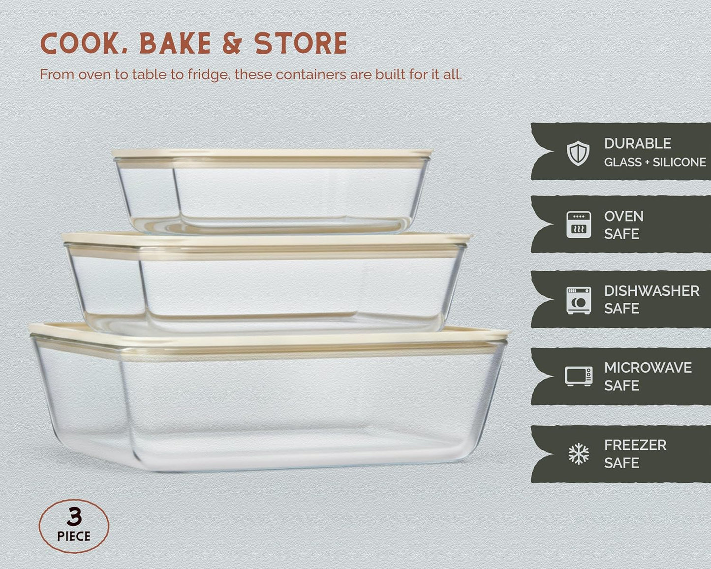 Glass Storage Container Set, Borosilicate Glass, Tempered Glass Lids, Baking Pan, Airtight with Vents, Microwave, Oven & Dishwasher Safe, (Rectangular - Set Of 3)