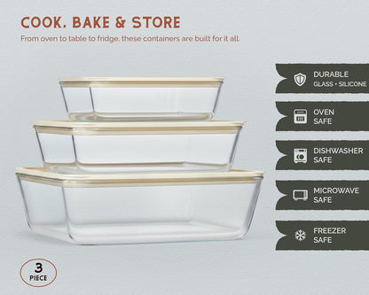 Glass Storage Container Set, Borosilicate Glass, Tempered Glass Lids, Baking Pan, Airtight with Vents, Microwave, Oven & Dishwasher Safe, (Rectangular - Set Of 3)