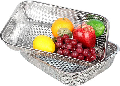 Cedilis 2 Pack Large Stainless Steel Colander Strainer, 6 Quart Mesh Vegetable Washing Basket, Rectangle Drainer Sink Basket for Vegetable Fruit Food (15" x 11" x 2.6")