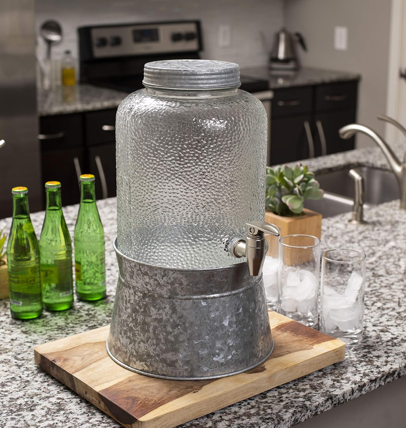 BIRDROCK HOME 2.5 Gallon Pebbled Glass Beverage Dispenser w/Galvanized Stand - Spigot - Large Jar for Water, Lemonade, Sangria, Iced Tea, Punch, Cocktail Drinks - Mason Style Jug for Parties