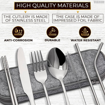 8-Piece Travel Silverware Set with Case – Stainless Steel Reusable Utensils for Camping, Picnic, Work, Lunch Box, and Travel Dishwasher Safe, Compact and Portable – Great for On-the-Go Meals