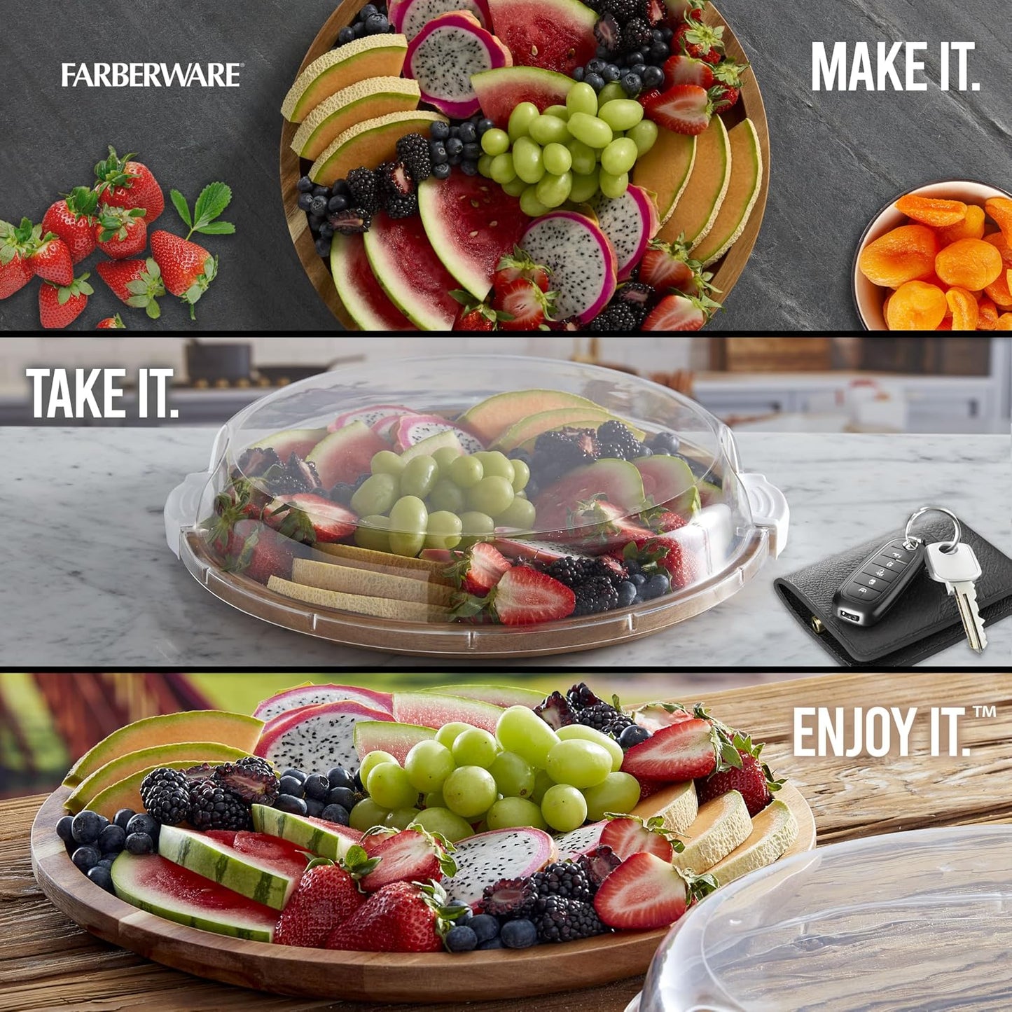 FARBERWARE Build-a-Board Cutting Board with Lazy Susan Turntable, Five Compartments, and Clear Locking Lid for Charcuterie, Snacks, and More, Acacia