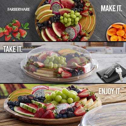 FARBERWARE Build-a-Board Cutting Board with Lazy Susan Turntable, Five Compartments, and Clear Locking Lid for Charcuterie, Snacks, and More, Acacia