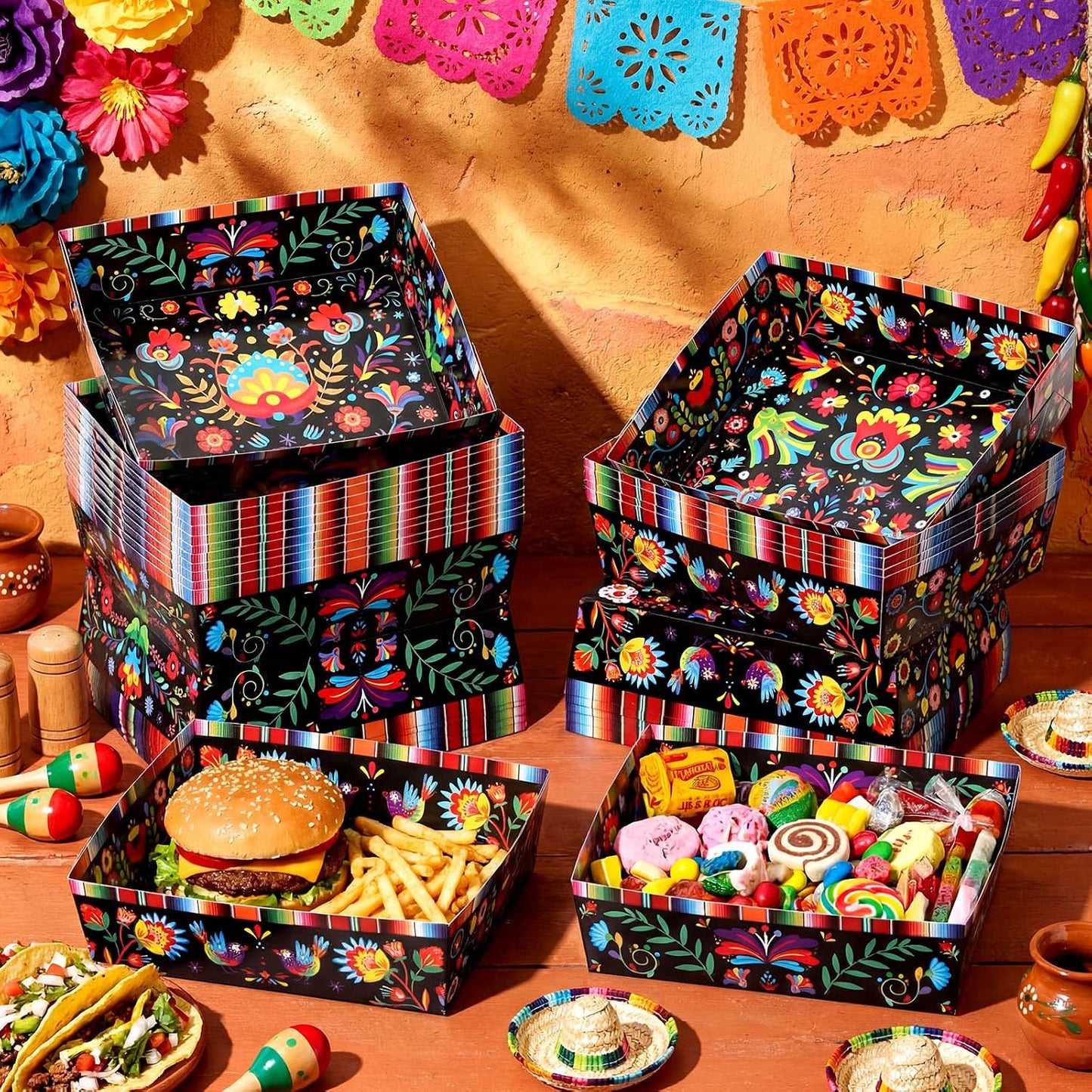 Harloon 36 Pack Mexican Nacho Trays 5 lb Extra Large Mexican Paper Food Trays Fiesta Disposable Cardboard Serving Boats for Cinco De Mayo Taco Fries Snacks Birthday Party Supplies(Floral)
