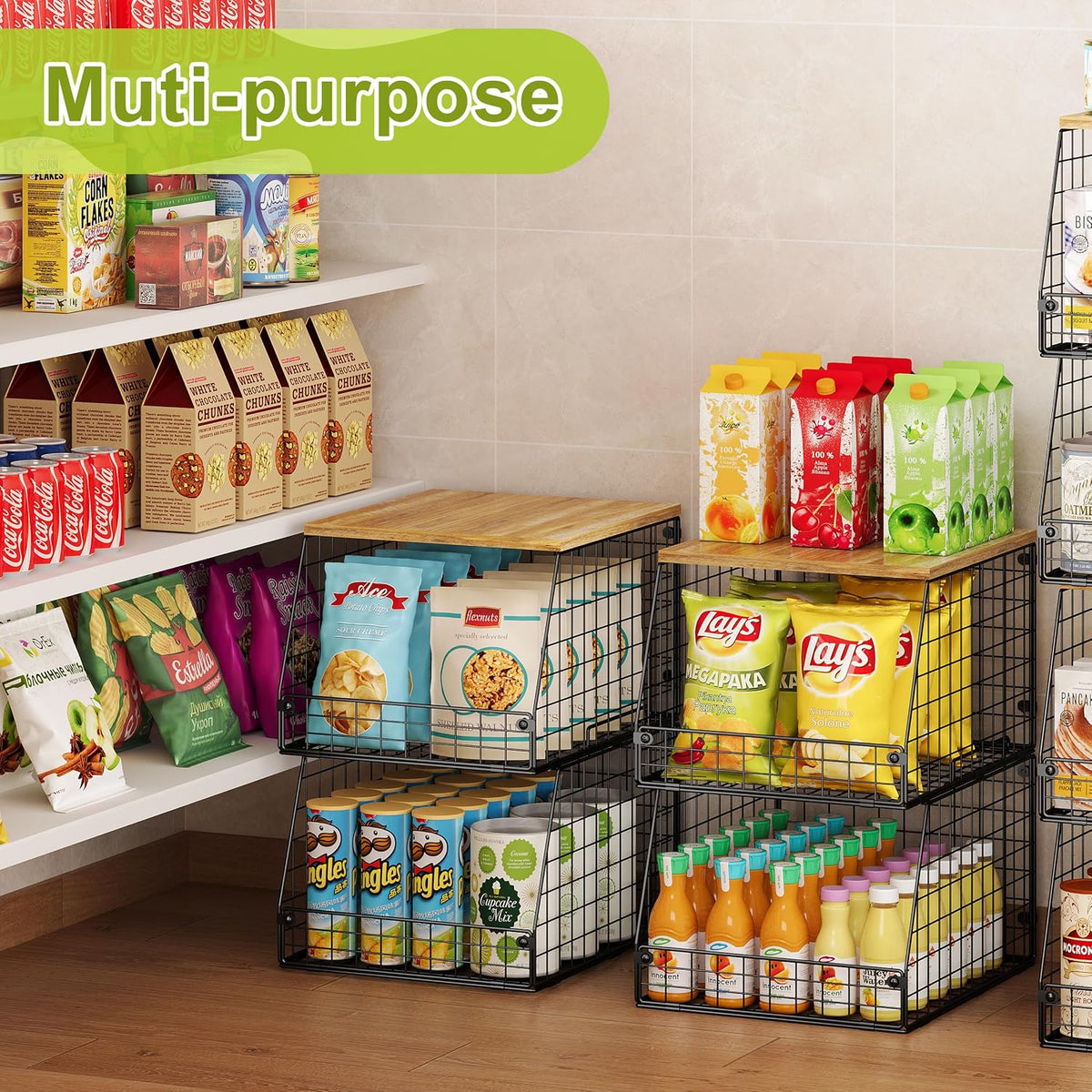 Jakyitvi 5 Pack XXL Stackable Wire Storage Basket, Extra Large Capacity Pantry Organizer and Storage, Muti-Purpose for Fruit Vegetable Basket & Toy Bin & Snack Organizer