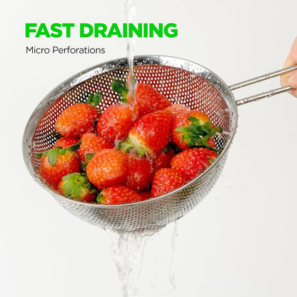 Premium 18/8 304 Stainless Steel Micro-Perforated Small and Big Colander Set of 4 with rings - 3.5-5.5-7.5-9.5 Quart Set, Self-Draining Solid Base for Pasta, Fruits, Vegetables