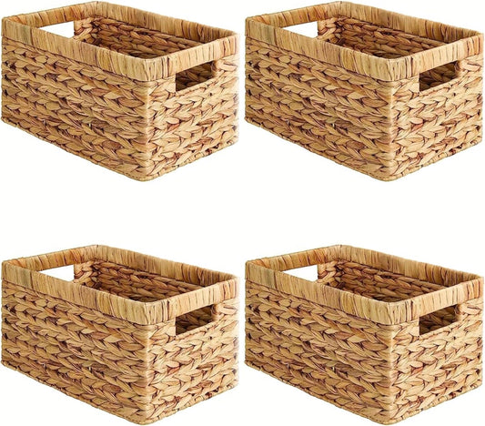 Water Hyacinth Storage Baskets for Shelves Set of 4 — Wicker Baskets for Storage and Organizing, Woven Shelf Baskets with Handles for Pantry, Kitchen, Bathroom and Bedroom, 13" x 8.25" x 7"