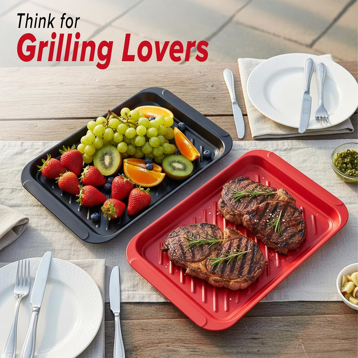 2PCs Prep and Serve Trays, 17" x 10.5" Melamine Deep Grilling Prep & Serve Trays, Melamine Trays | Serving Tray & Marinating Tray, BBQ Platters for Raw and Cooked Food, Serving Trays (Red, Black)