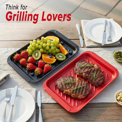 2PCs Prep and Serve Trays, 17" x 10.5" Melamine Deep Grilling Prep & Serve Trays, Melamine Trays | Serving Tray & Marinating Tray, BBQ Platters for Raw and Cooked Food, Serving Trays (Red, Black)