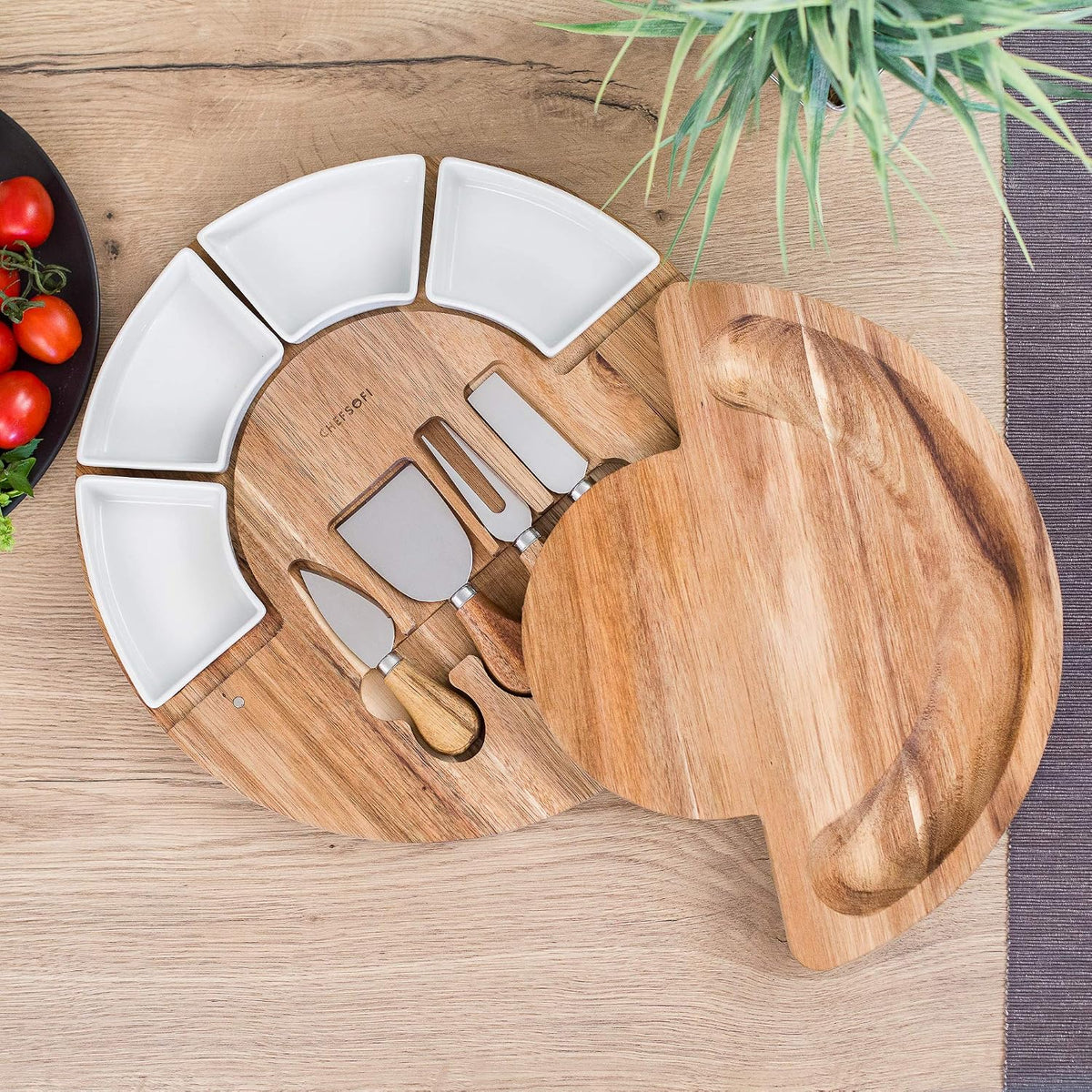 ChefSofi Charcuterie Board Set and Cheese Serving Platter - Made from Bamboo Wood - US Patented 13 inch Cheese Board and Knife Set for Entertaining and Serving - 4 Knives and 4 Bowls