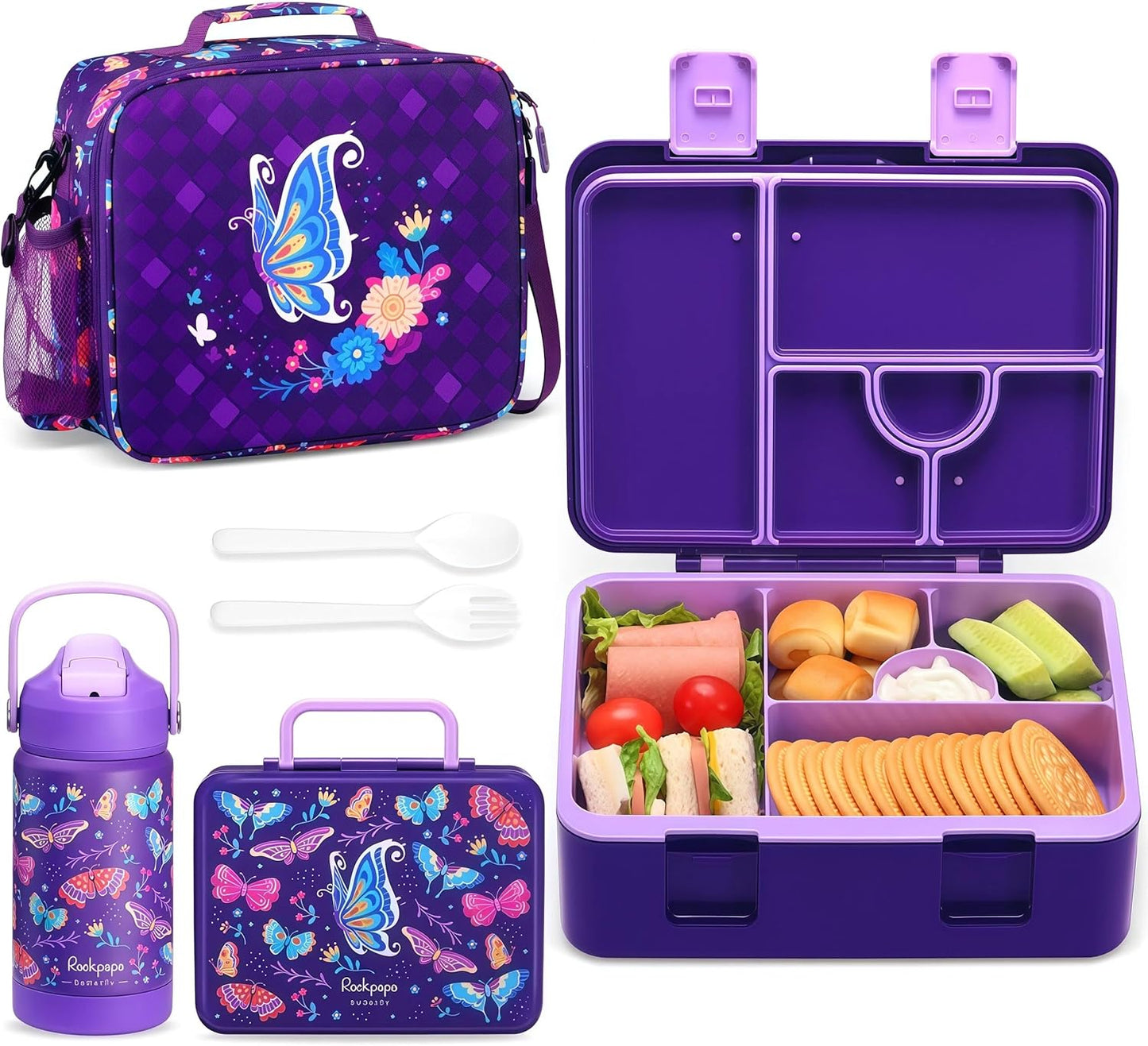 rockpapa Kids Lunch Box Set with 14oz Insulated Water Bottle & Lunch Bag, Leakproof 5.5 Cups Bento Box for School & Children, BPA-Free, Microwave Safe for Boys Girls (Grey Constr Turcks)