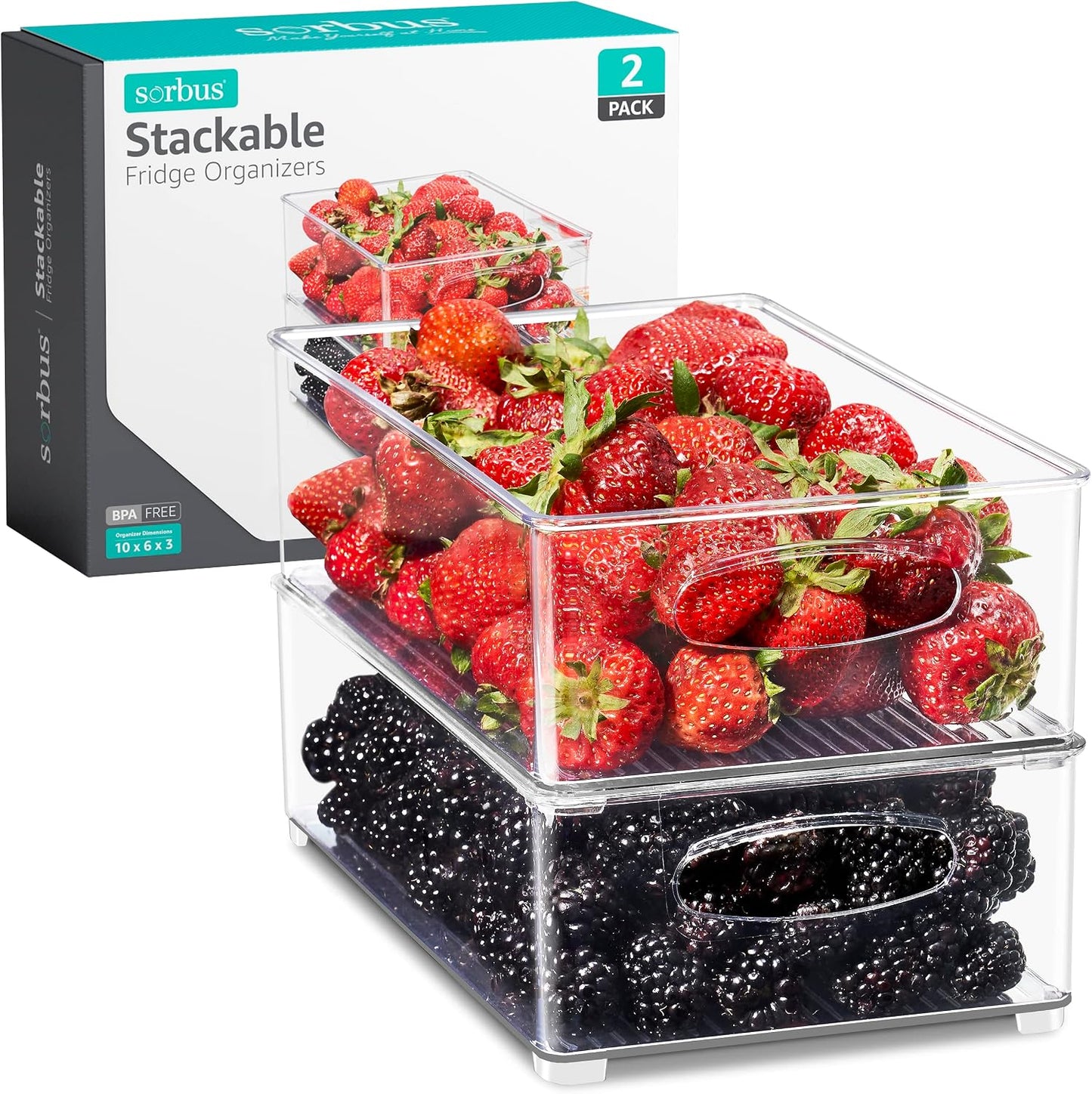 Sorbus Stackable Refrigerator Organizer Bins - Set of 4 Clear Storage Bins for Kitchen Pantry, Freezer & Fridge Organization - Food Organizing Plastic Containers with Handles for Countertops & Drawers