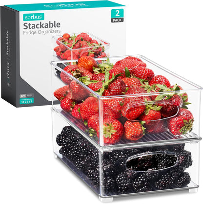 Sorbus Stackable Refrigerator Organizer Bins - Set of 4 Clear Storage Bins for Kitchen Pantry, Freezer & Fridge Organization - Food Organizing Plastic Containers with Handles for Countertops & Drawers