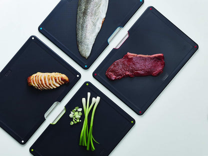 Joseph Joseph Folio 4-Piece Colour coded Cutting Board Set, Stainless Steel Slimline case for organized Kitchen storage, Black