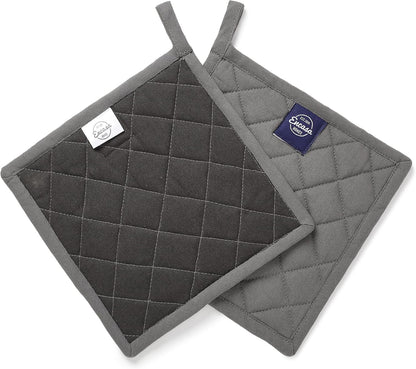 Encasa XO Pot Holders, Quilted Kitchen Hot Pads 8"x8" Black