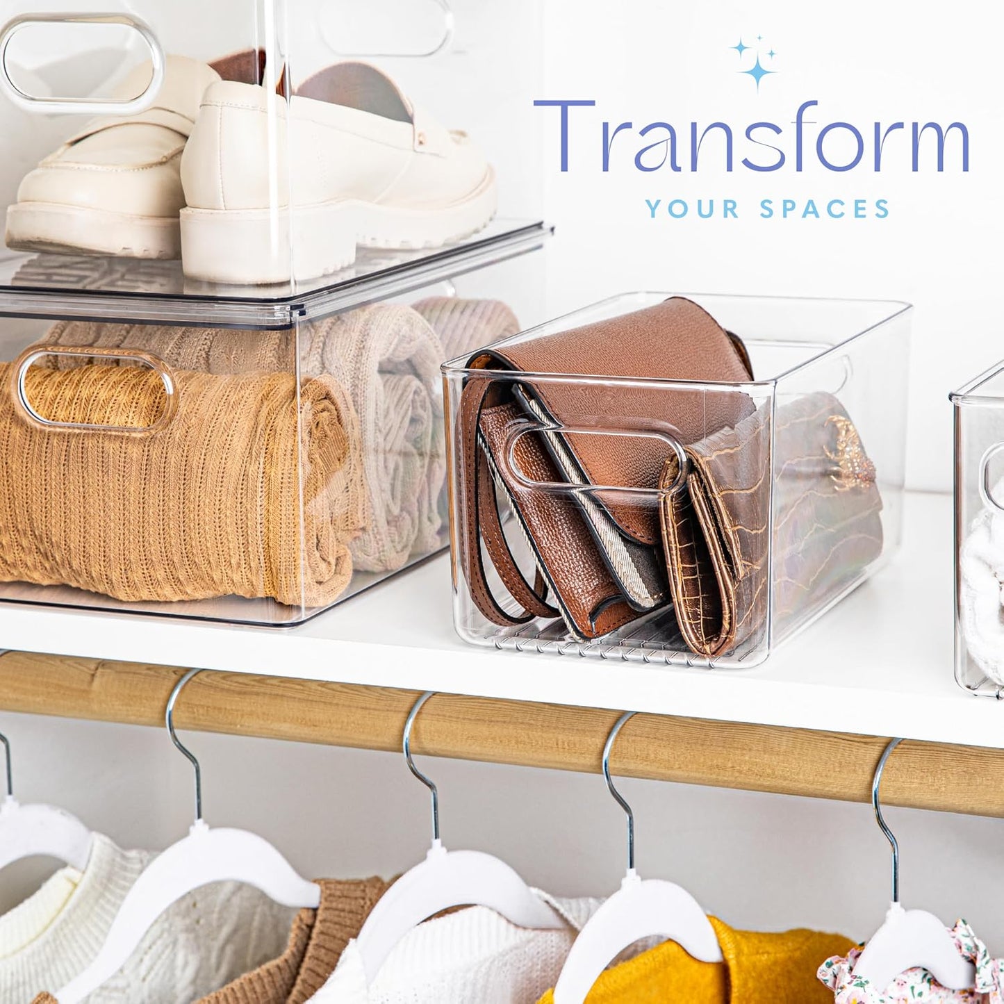 Plastic Food Storage 4 Pack Clear Container Bin with Handles for Organizing Kitchen, Pantry, Refrigerator, Freezer, Pantry, Cabinet, Closet, Bathroom. Stackable 10”x6”x3”