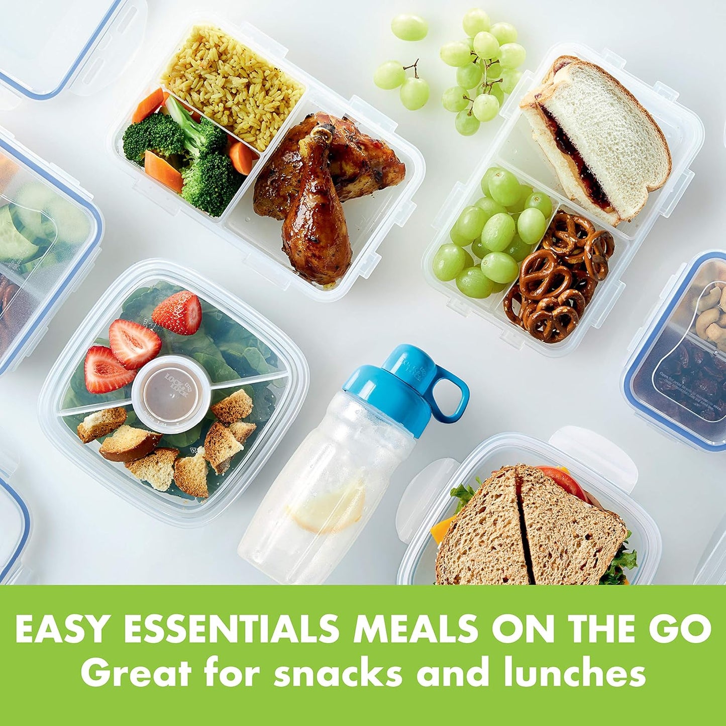LOCK & LOCK Easy Essentials On The Go Meal Prep Lunch Box, Airtight Containers with Lid, BPA Free, Square (4 Section) -29 oz, Clear