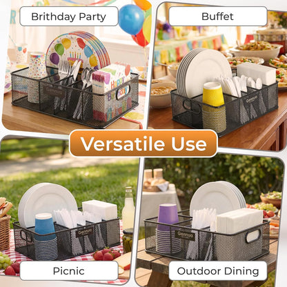 Gennua Kitchen Paper Plate Organizer for Cabinet, Counter, Picnics, Parties & More, Extra Large Utensil Caddy Crafted of Thick Iron Mesh With 6 Compartments for Paper Plates & Plastic Silverware