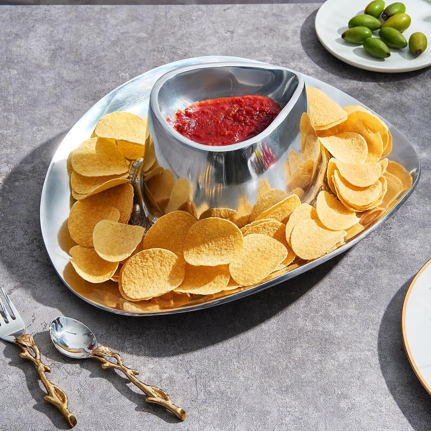 Cowboy Hat Chip and Dip Serving Bowl Silver Brass Snack, Western Candy & Salad Bowl - Chip n Dip All American Hat Centerpiece Serving Platter for Nuts, Salsas, Food, Serveware Decor Entertaining 1PC