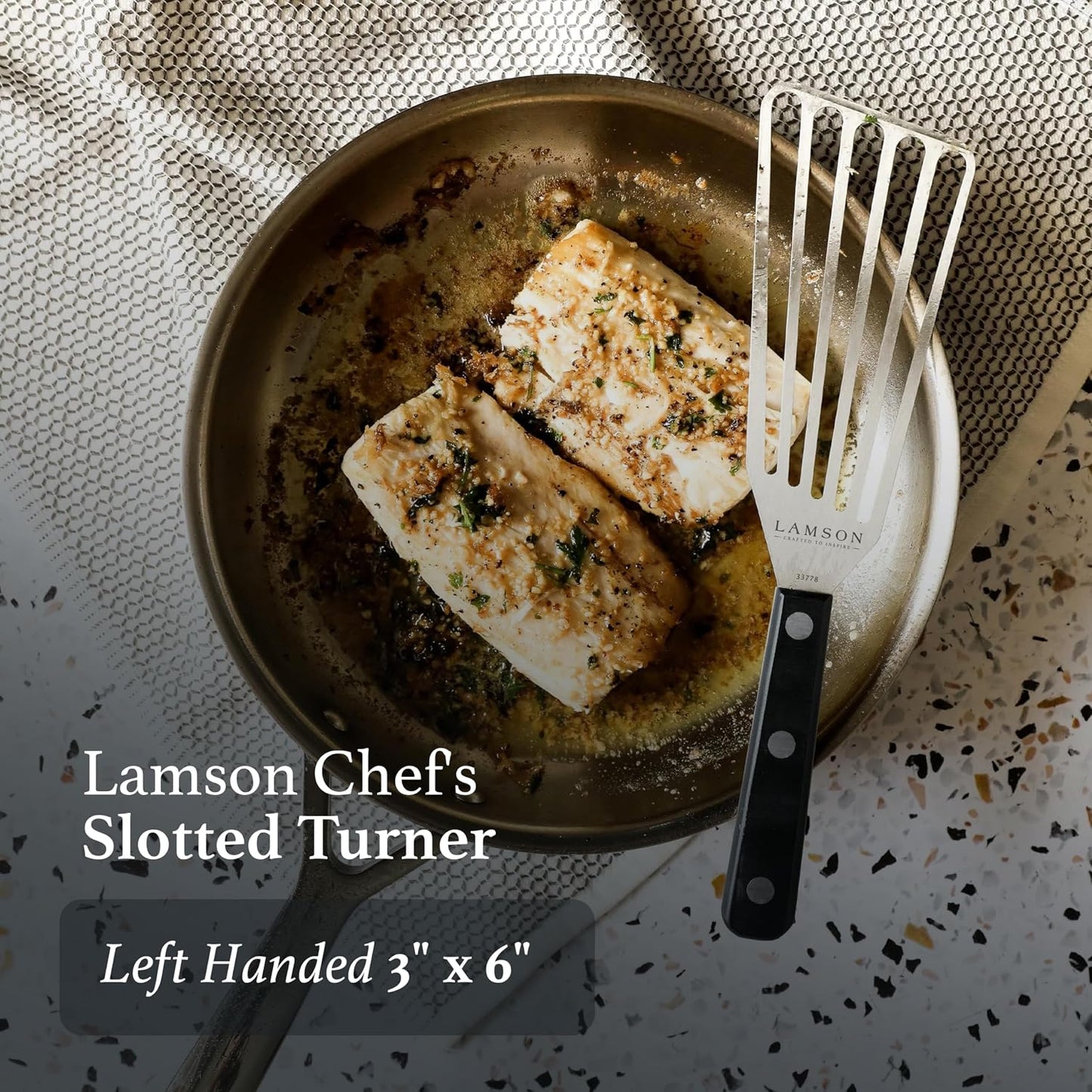 Lamson Fish Spatula, Slotted Metal Turner, 3 x 6 In, Right Hand | Ultra Durable composite handle, dishwasher safe; flexible stainless blade; a dedicated left-handed model is available