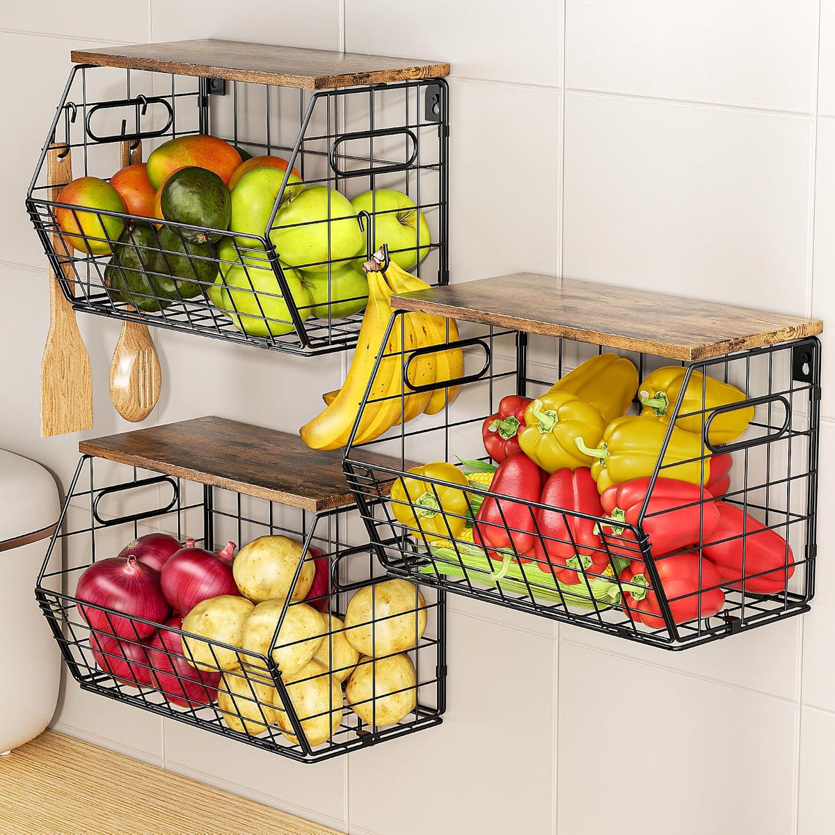 Delamu Stackable Metal Fruit Basket with Wood Lid 3 Pack, Hanging Wall Organizer for Kitchen Counter, Pantry Storage for Onions, Potatoes, Garli, Fruits, Spices, Black