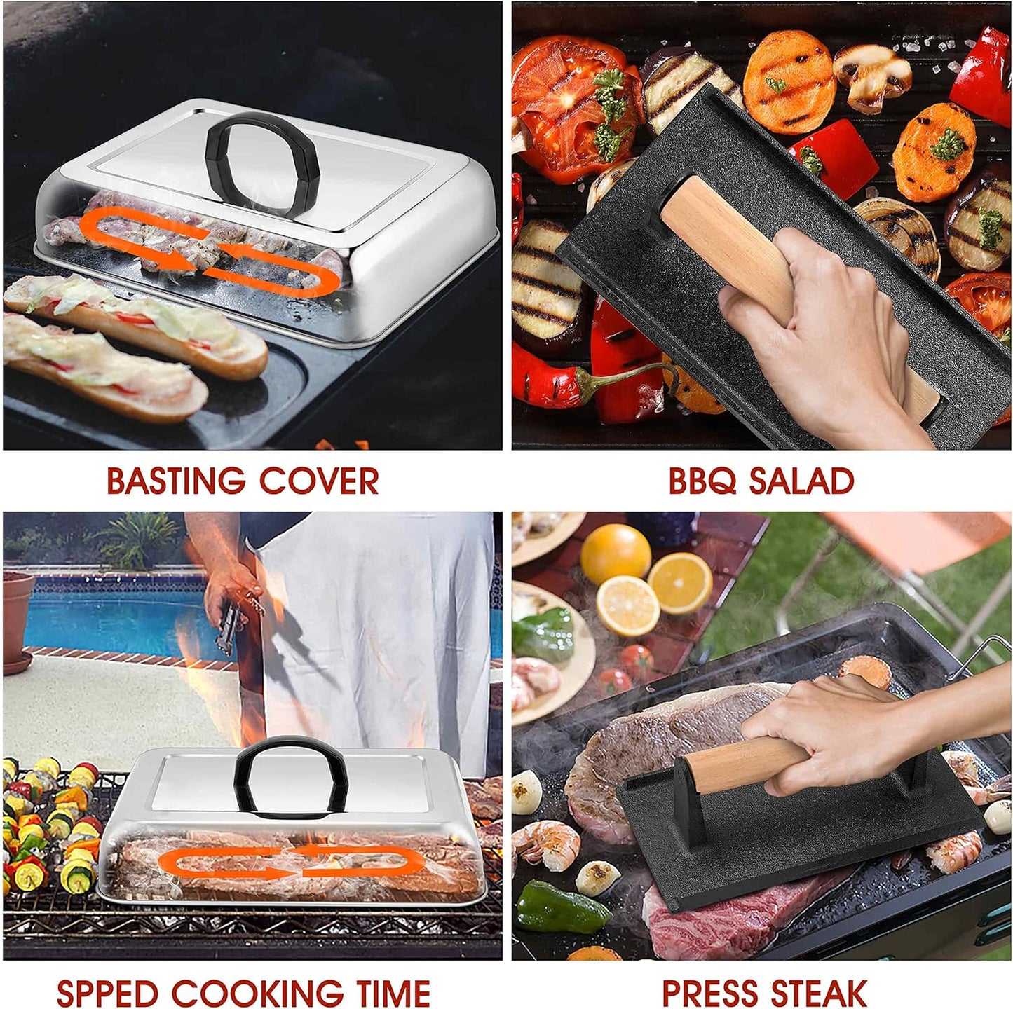 HaSteeL 13 x 9.75In Melting Dome & 8 x 4In Burger Press, Rectangular Basting Steam Cover with Bacon Press, Metal Griddle Accessories for Flat Top Teppanyaki Hibachi Grilling Cooking BBQ, Easy to Clean