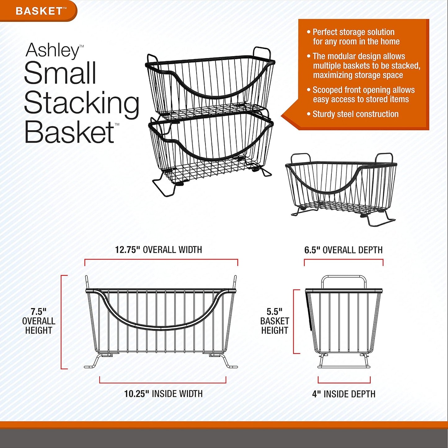 Spectrum Ashley Large Stackable Wire Baskets for Pantry & Kitchen Counter Organizer, Stacking Fruit Basket Wire Bin with Raised Feet & Handles for Vegetable Fruit Potato Onion Storage, Satin Nickel