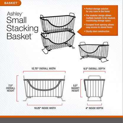 Spectrum Ashley Large Stackable Wire Baskets for Pantry & Kitchen Counter Organizer, Stacking Fruit Basket Wire Bin with Raised Feet & Handles for Vegetable Fruit Potato Onion Storage, Satin Nickel