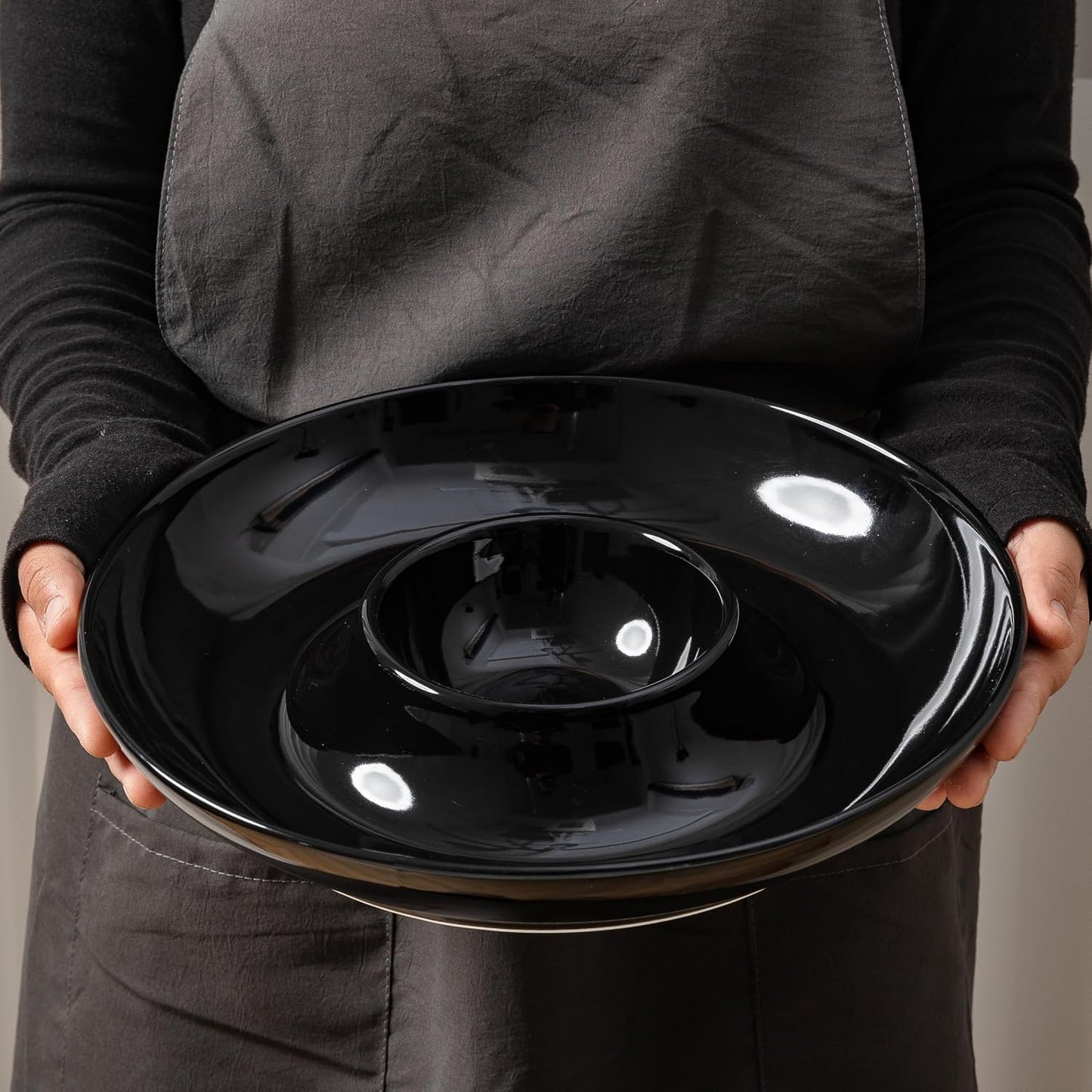 LEHAHA 12.25 inch porcelain Chip and Dip Serving Set, Ceramic Platters for Cheese, Appetizers &Chips Salsa, Fruit and Veggies, Divided Serving Trays for Family Gathering and Parties, Dark Creamy