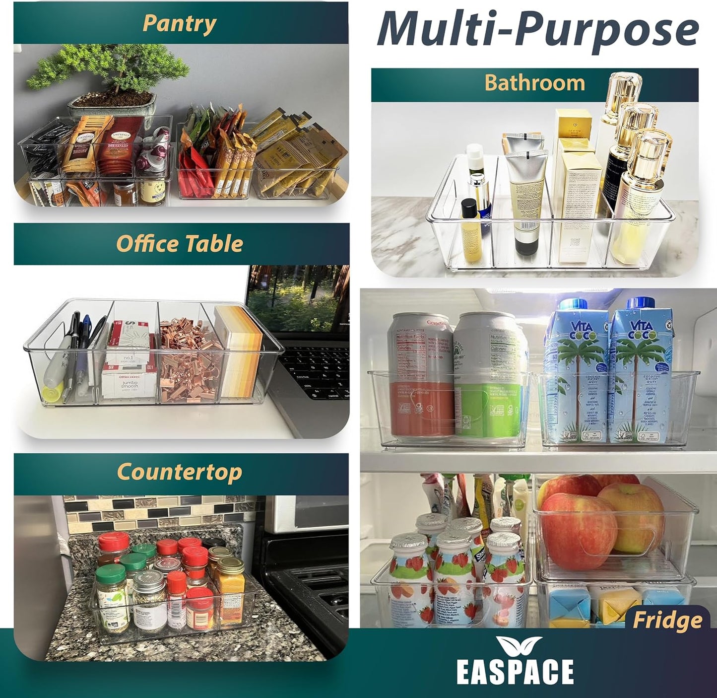 4-Pack Pantry Organizer Bins – Clear Storage Containers for Pantry, Kitchen, Fridge, Cabinet, or Shelf – Perfect for Snacks, Food, Drinks & Multi Purpose