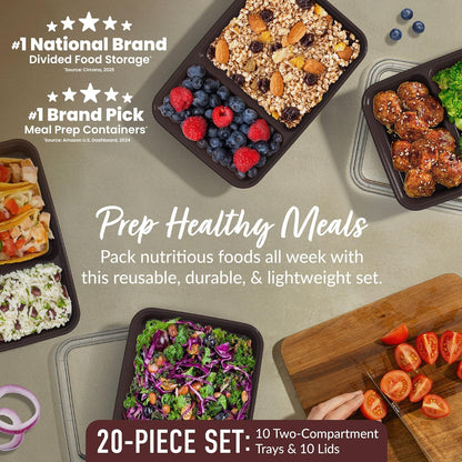 Bentgo Prep - 20-Piece 2-Compartment Reusable Meal Prep Containers with Lids, PFAS & BPA Free Materials, Durable, Microwave, Freezer, & Dishwasher Safe To Go Food Storage (Rose Gold)