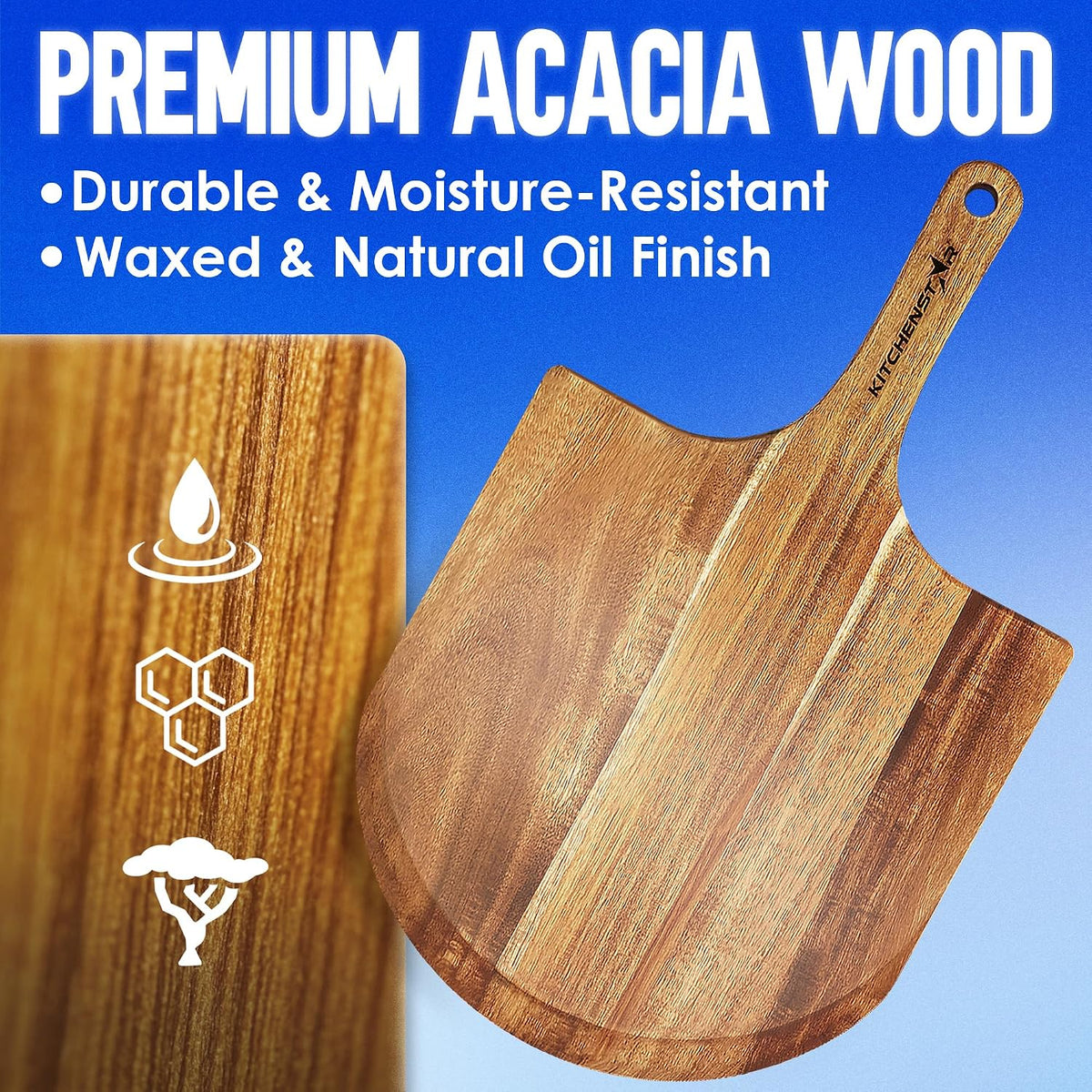 16-Inch Wooden Pizza Peel, X-Large Paddle, Cutting & Serving Board w Handle