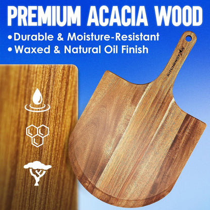 16-Inch Wooden Pizza Peel, X-Large Paddle, Cutting & Serving Board w Handle
