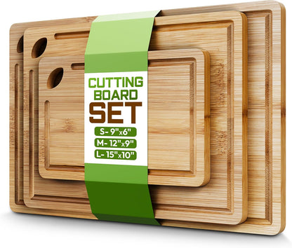 Bamboo Cutting Board Set of 3 (15x10, 12x9, 9x6) – Extra-Thick, Deep Juice Groove Wood Cutting Boards – Knife-Friendly for Kitchen Prep, Carving & Charcuterie – Easy to Clean