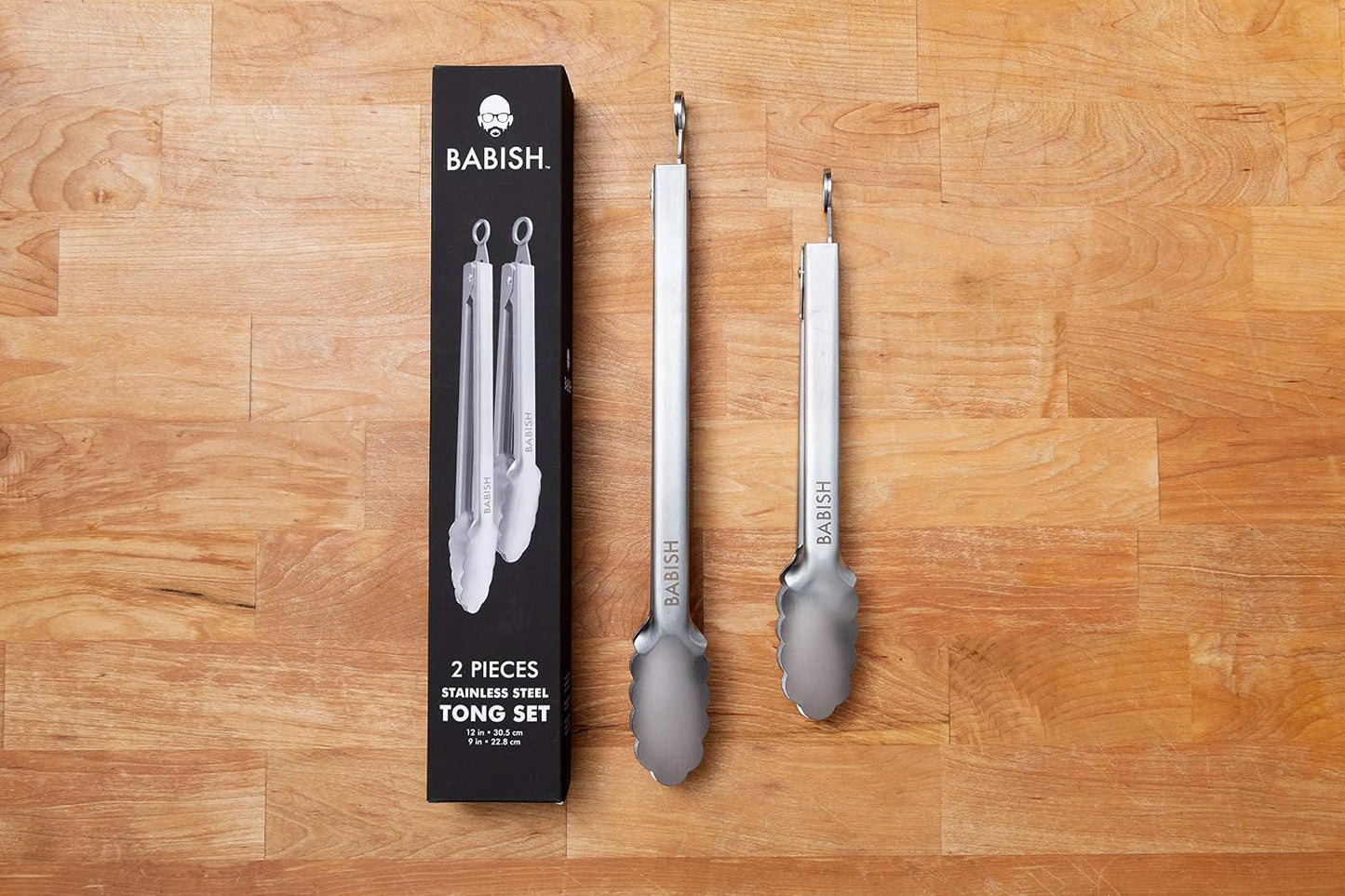Babish 2-Piece Locking Kitchen Tongs Set – 12” & 9” Stainless Steel Cooking Tongs with Non-Slip Grip – Heavy-Duty BBQ, Grilling & Serving Tools
