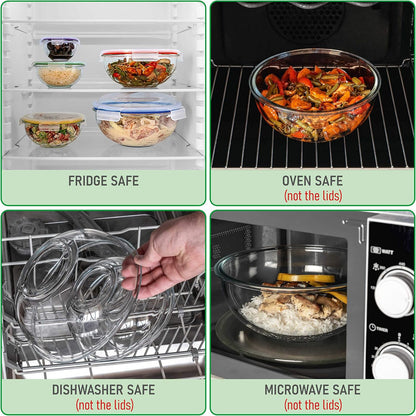 Set of 4 Stackable Space-Saving Nesting Glass Bowls with Airtight Acacia Lids for Lunch, Meal & Food Prep - Microwave & Oven-ready BPA Free Durable Heat Resistant Inert Borosilicate Glass