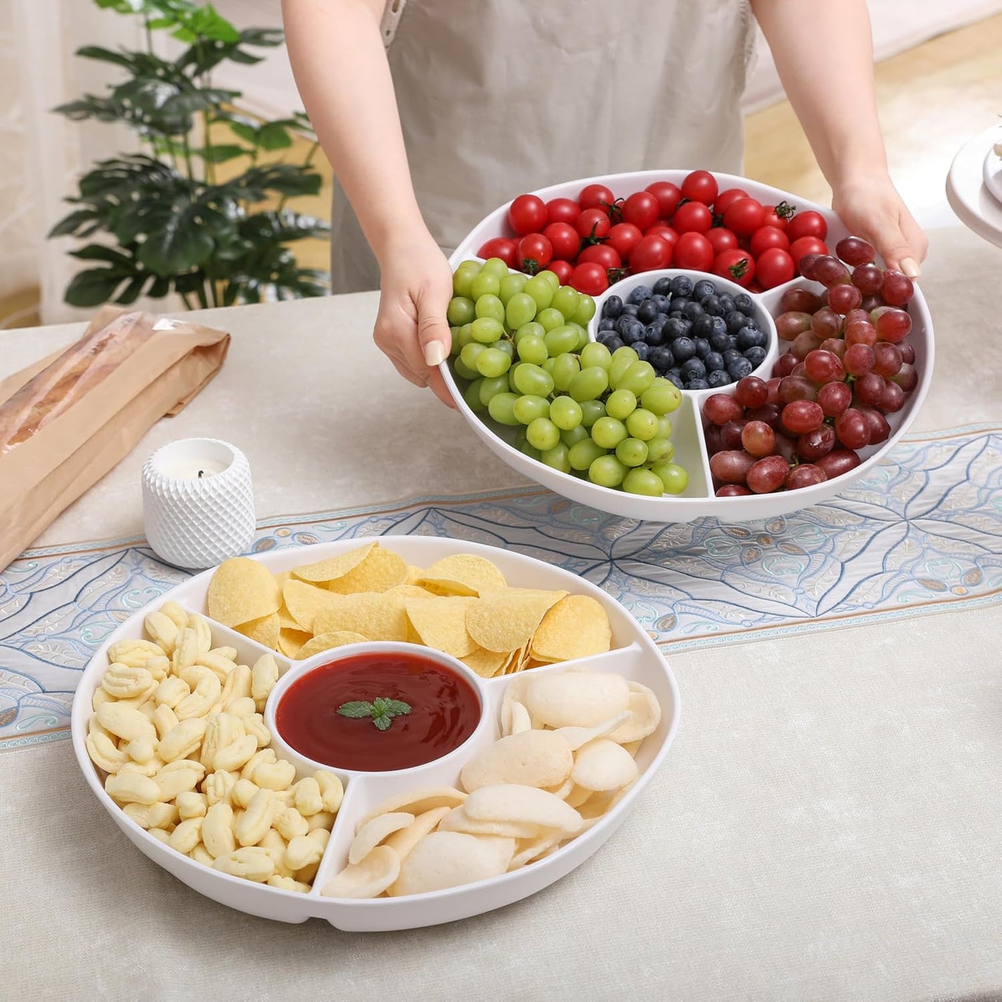 Chip & Dip Serving Tray Set, 4 Sectional Round Melamine Serving Platter, Relish Tray, Round Compartment Appetizer platter for Veggies, Candy and Snacks, Matte Black, Set of 2