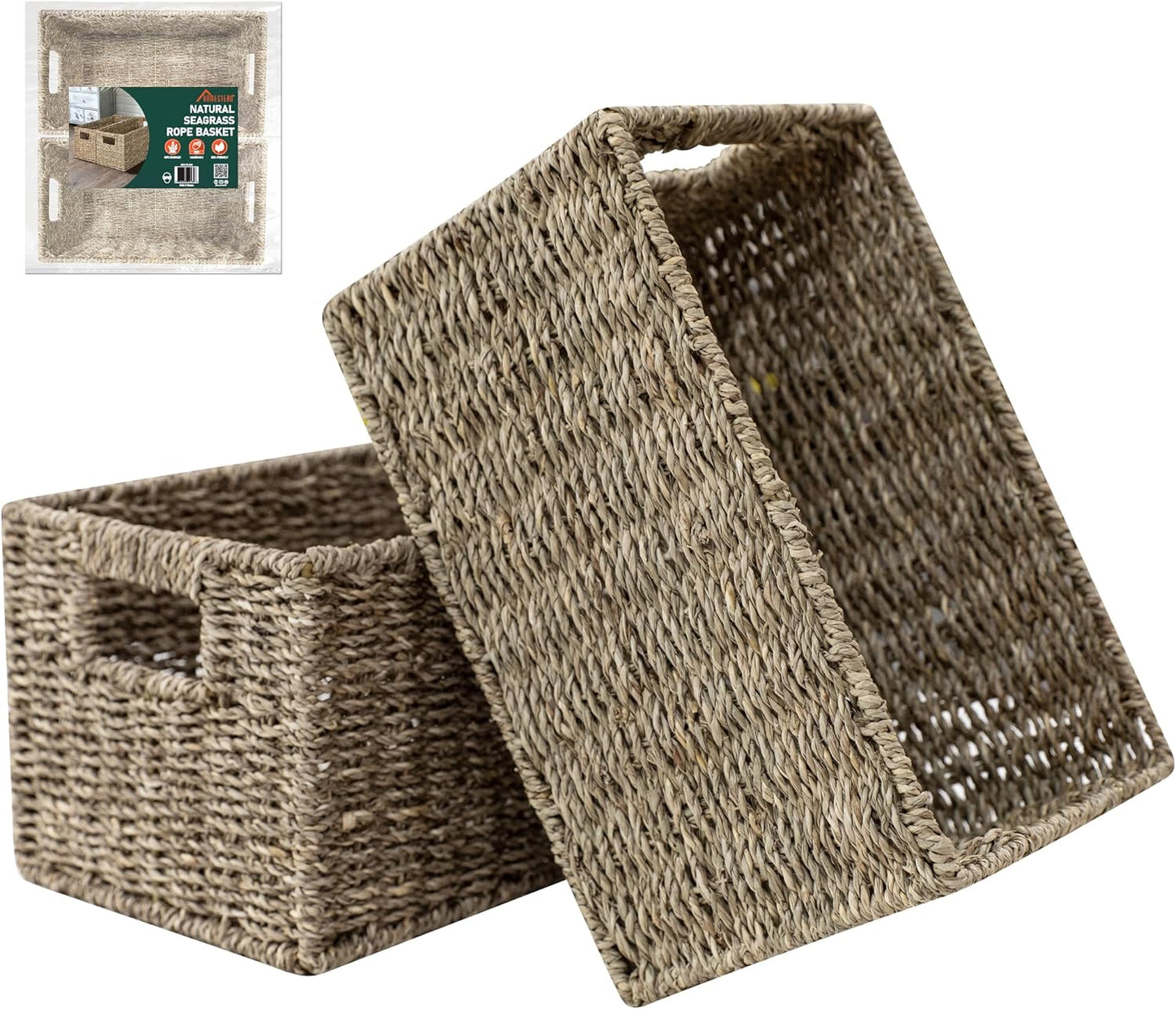 2-Pack Handwoven Water Hyacinth Storage Baskets with Handles, Wicker Bins for Pantry Organization, Shelf or Closet Organizer, Decorative Boho Rectangular Basket 13.5" x 8"