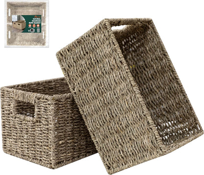 2-Pack Handwoven Water Hyacinth Storage Baskets with Handles, Wicker Bins for Pantry Organization, Shelf or Closet Organizer, Decorative Boho Rectangular Basket 13.5" x 8"