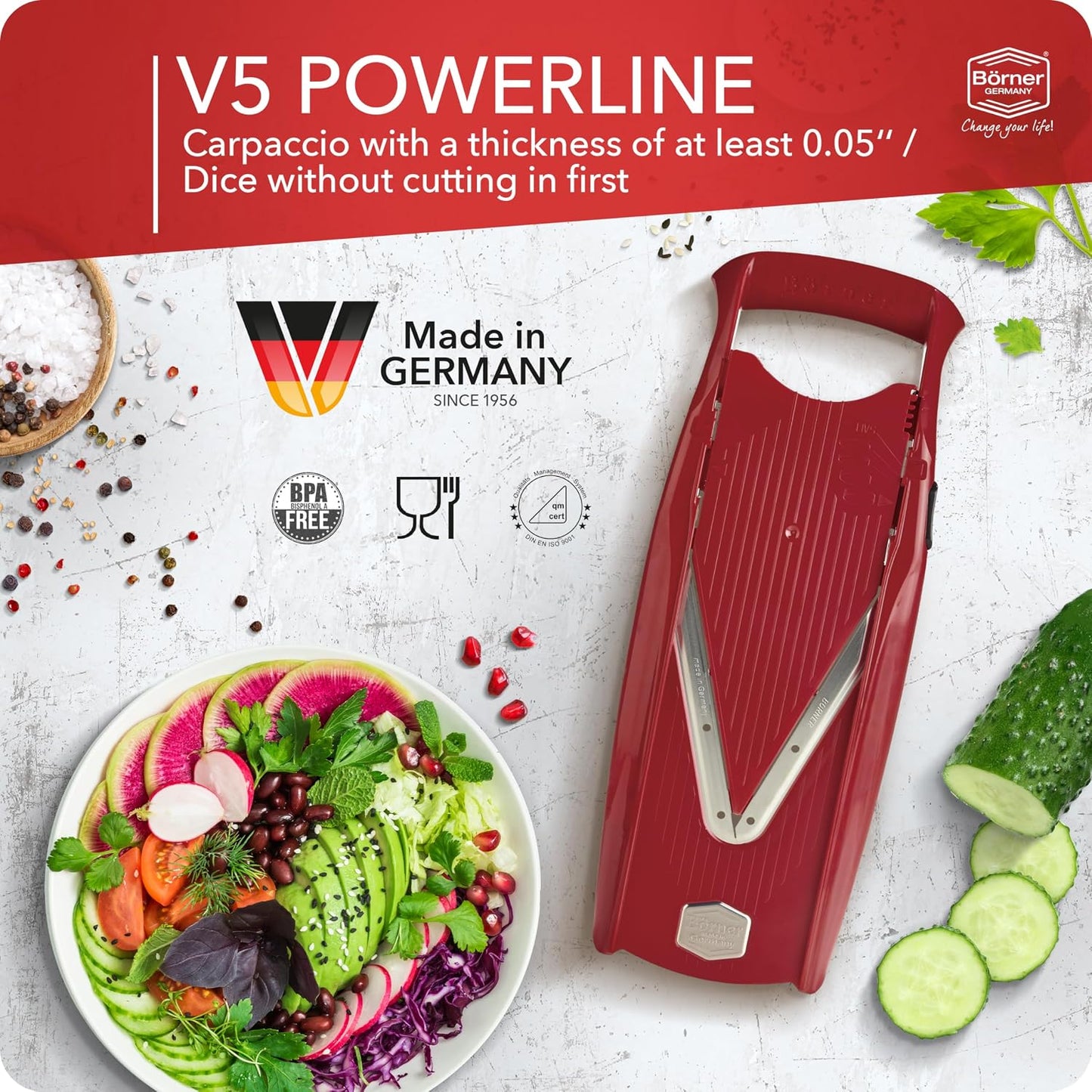 Börner Mandoline Slicer V5 (Basic Set) • Vegetable V-Slicer for Slices in 4 Thickness Settings • Stainless Steel V-Blade • Adjustable Kitchen Slicer for Vegetables & Fruits • Color: Green