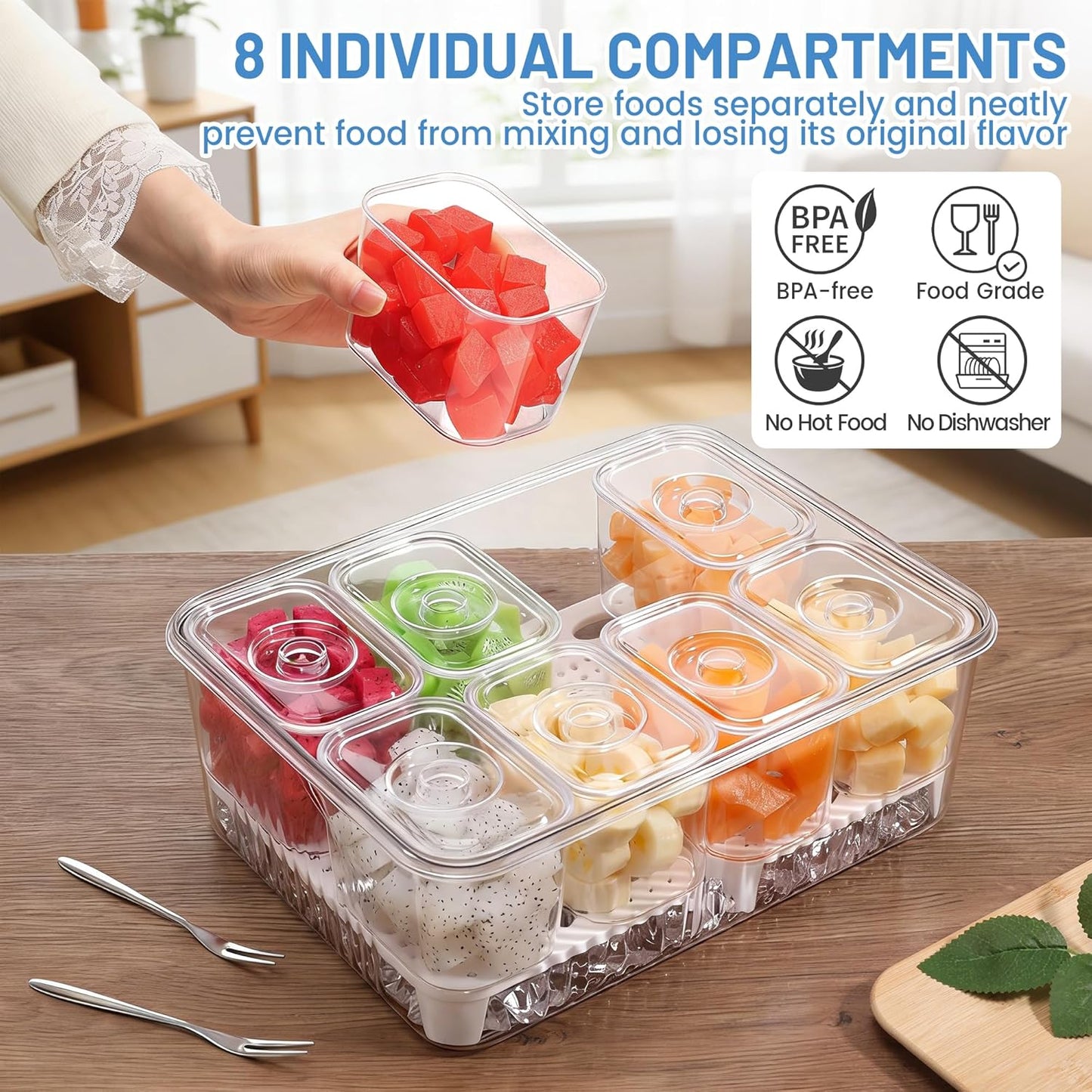Ice Chilled Condiment Caddy with 8x13.5oz Containers, Large Portable Snack Containers with Lid & Handle, Fruit Veggie Salad Chilled Serving Trays for Party Travel Beach Picnic Outdoor