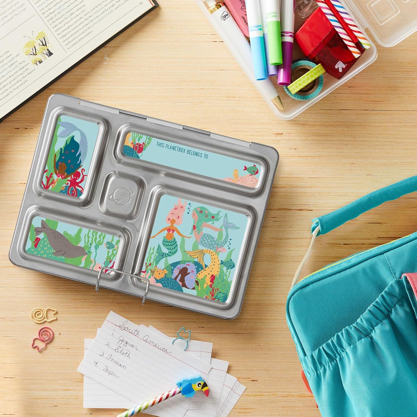 PlanetBox Rover Stainless Steel Bento Box Style Lunch Box Kit for Kids with 5 Compartments – Space Animals Edition includes Insulated Lunch Bag, Leakproof Food Containers and Matching Magnets