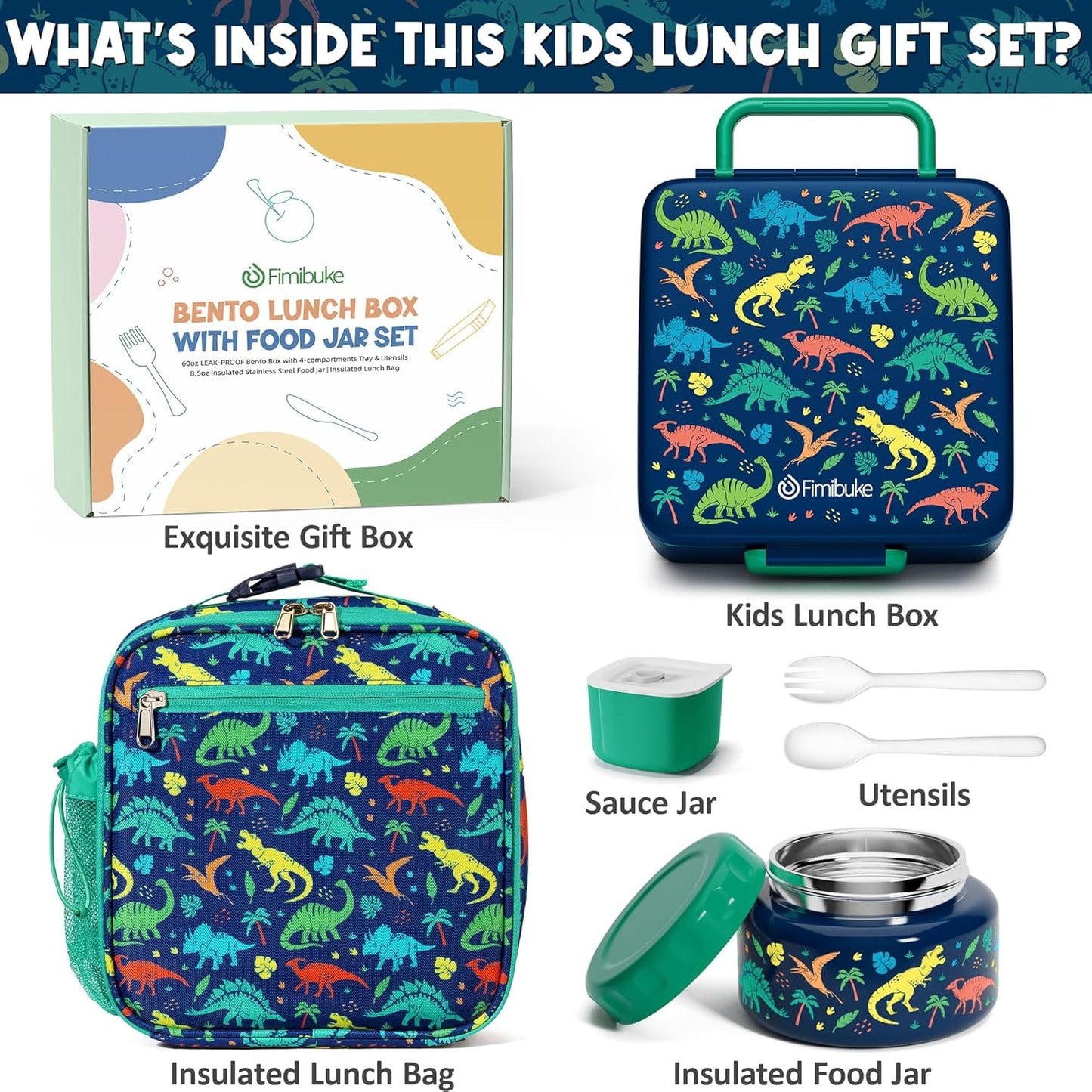Fimibuke Bento lunch Box Set for Kids Adult with 8oz Insulated Food Jar, Lunch Bag & Sauce Cup, Leakproof Dishwasher Safe Toddler Lunch Food Container with 3-4 Compartment for School Girls Boys