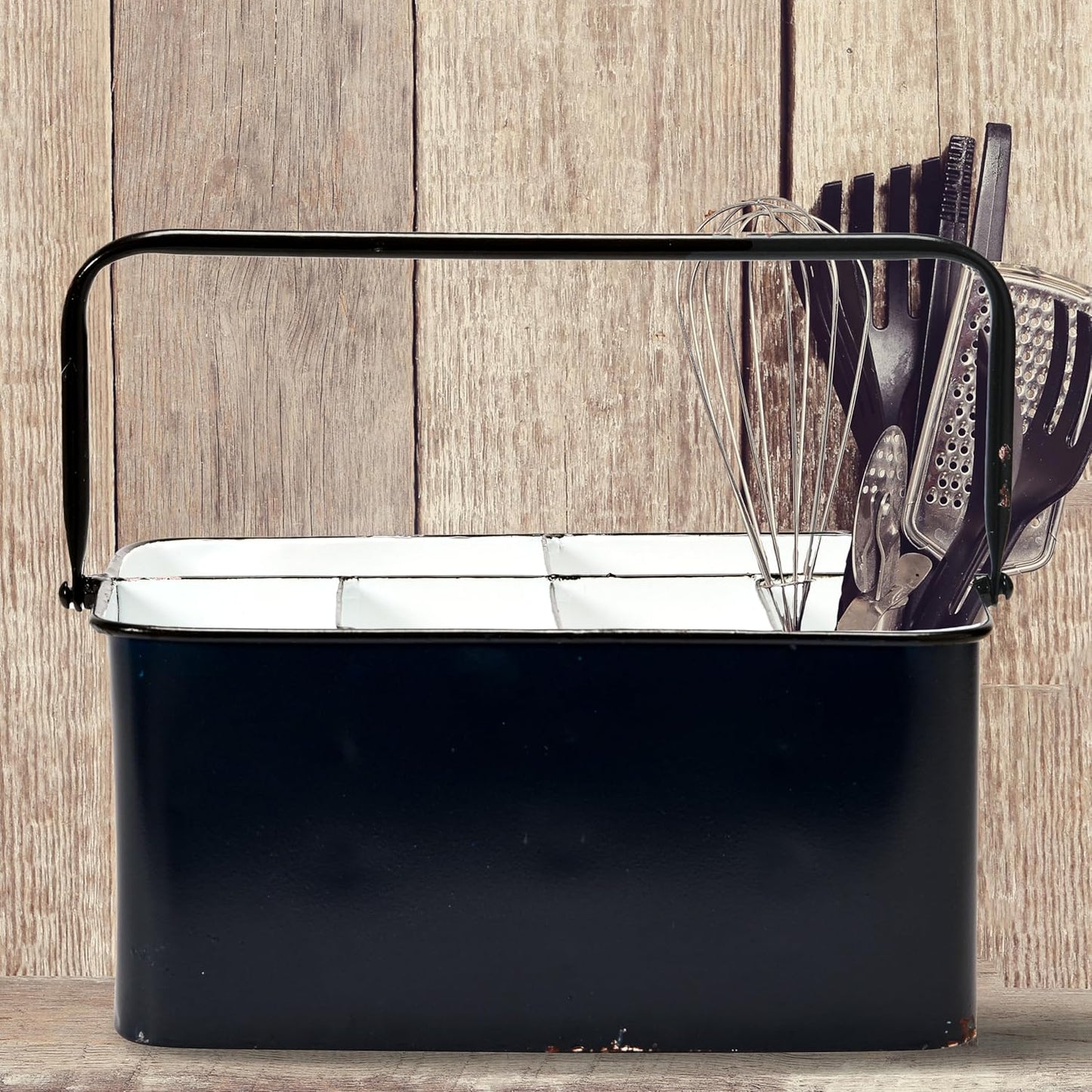 Creative Co-Op Farmhouse Metal Storage Caddy with 6 Compartments and Handle, Distressed Blue and White