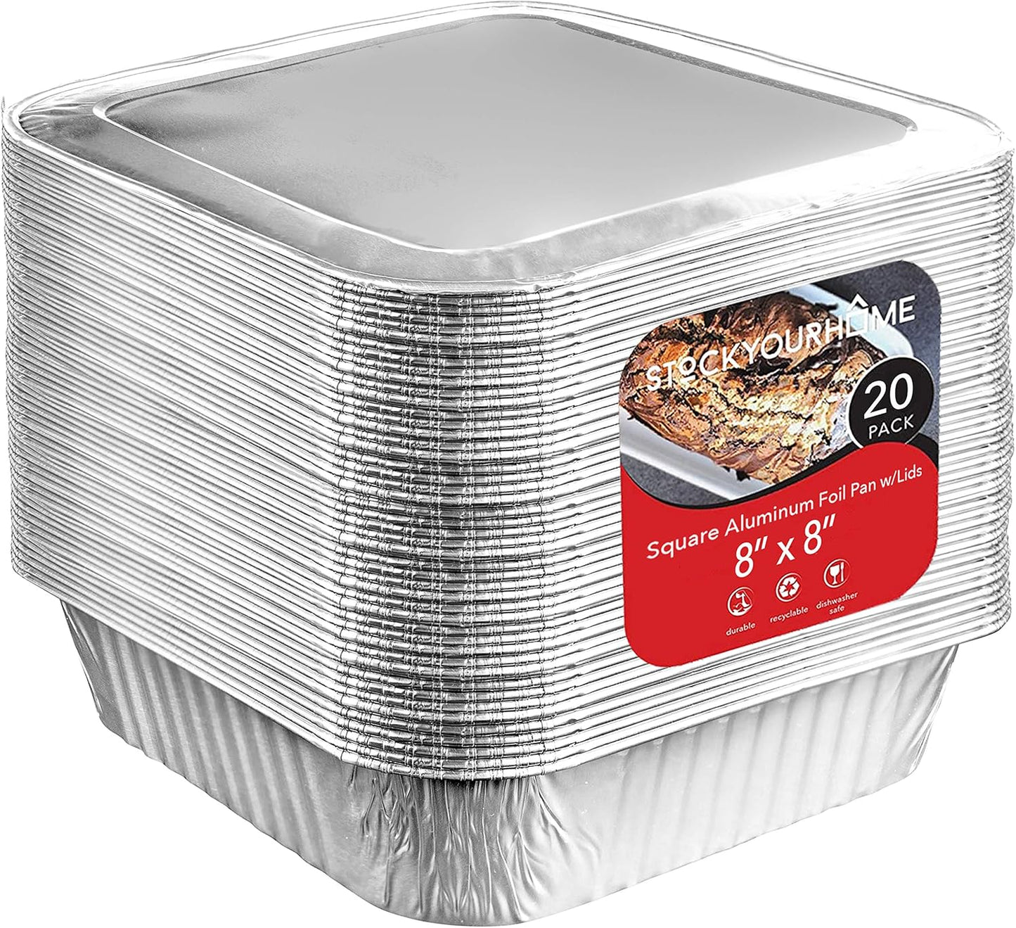 Stock Your Home Aluminum Pans 8x8 Disposable Foil Pans (20 Pack) - 8 Inch Square Pans - Tin Foil Pans Great for Cooking, Heating, Storing, Prepping Food