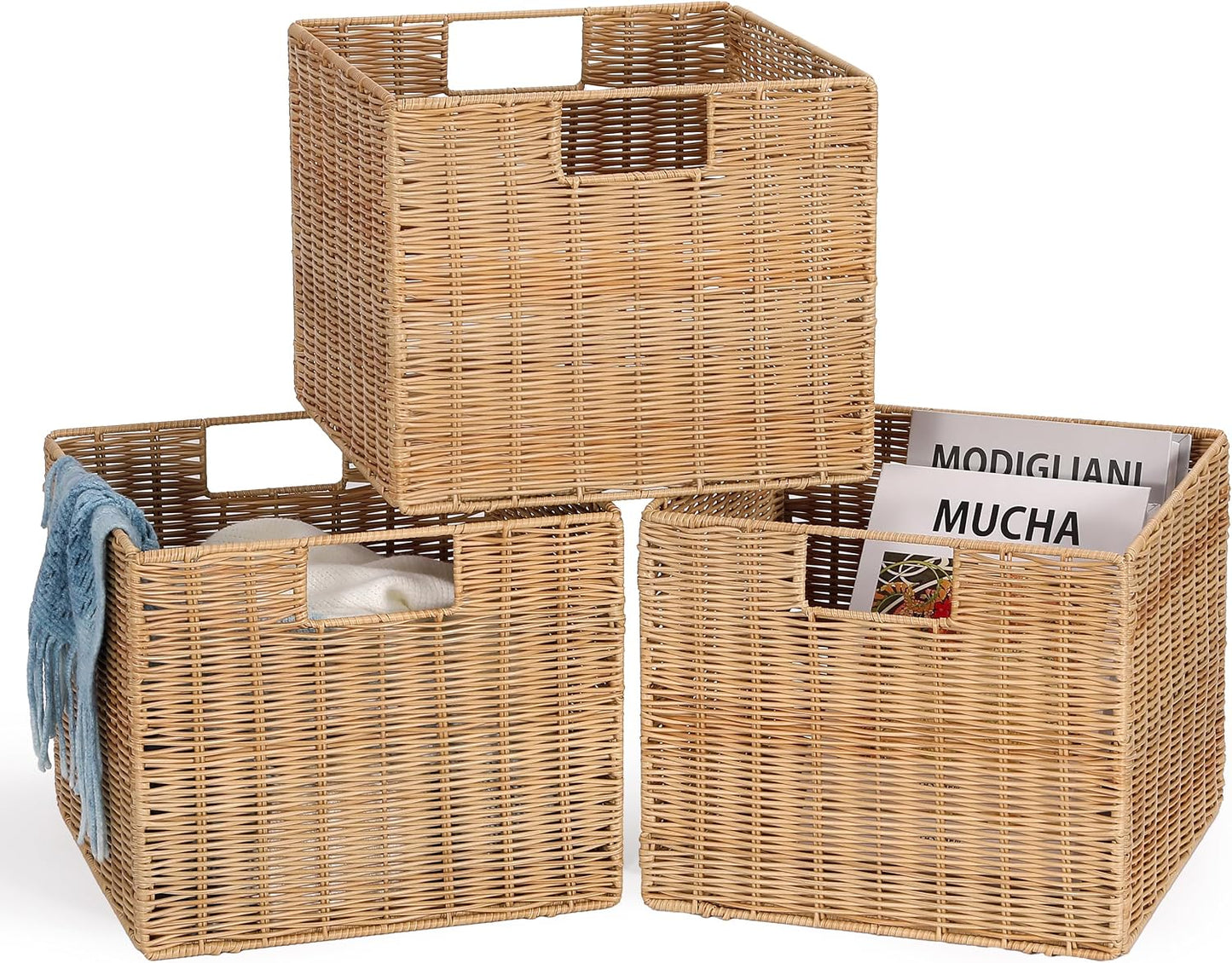 12x12x10in Water Hyacinth Storage Basket Large, Folding Cube Woven Wicker Storage Basket for Shelves, Pantry Baskets Organization and Storage, Kitchen Storage Baskets, Large Rattan Basket Set of 3