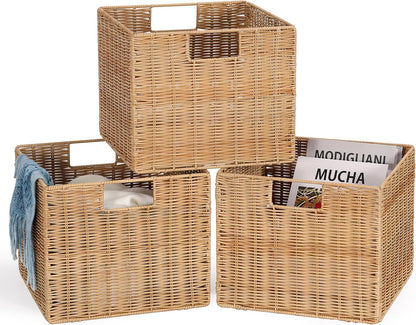 12x12x10in Water Hyacinth Storage Basket Large, Folding Cube Woven Wicker Storage Basket for Shelves, Pantry Baskets Organization and Storage, Kitchen Storage Baskets, Large Rattan Basket Set of 3