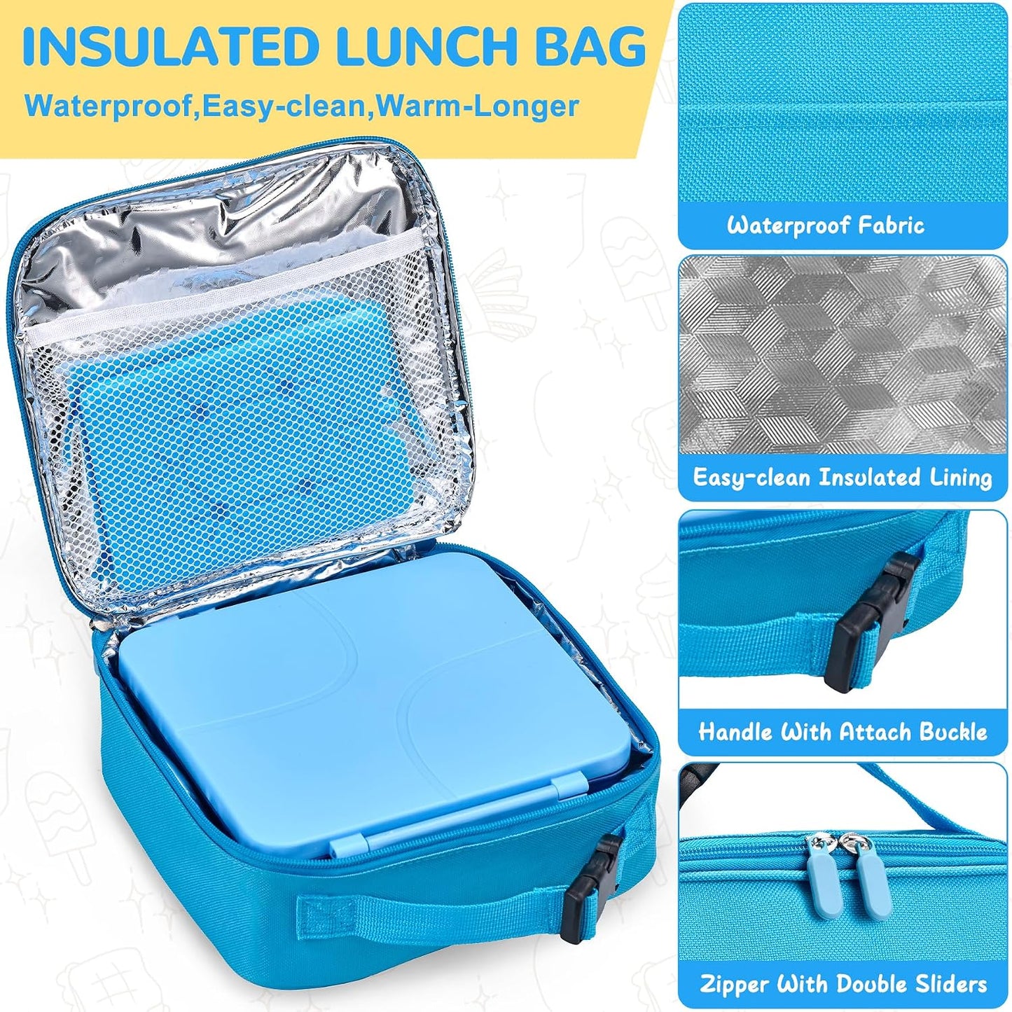 MAXSO Bento Lunch Box Set with 8 oz Soup Thermo, Kids Leakproof 4 Compartments Hot Food Container with Sauce Cup, Ice Pack and Lunch Bag, Child Insulated Food Jar for School - Black
