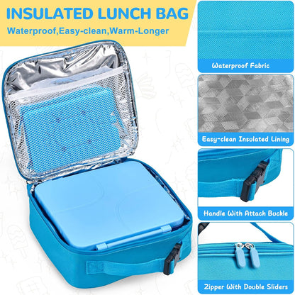 MAXSO Bento Lunch Box Set with 8 oz Soup Thermo, Kids Leakproof 4 Compartments Hot Food Container with Sauce Cup, Ice Pack and Lunch Bag, Child Insulated Food Jar for School - Black