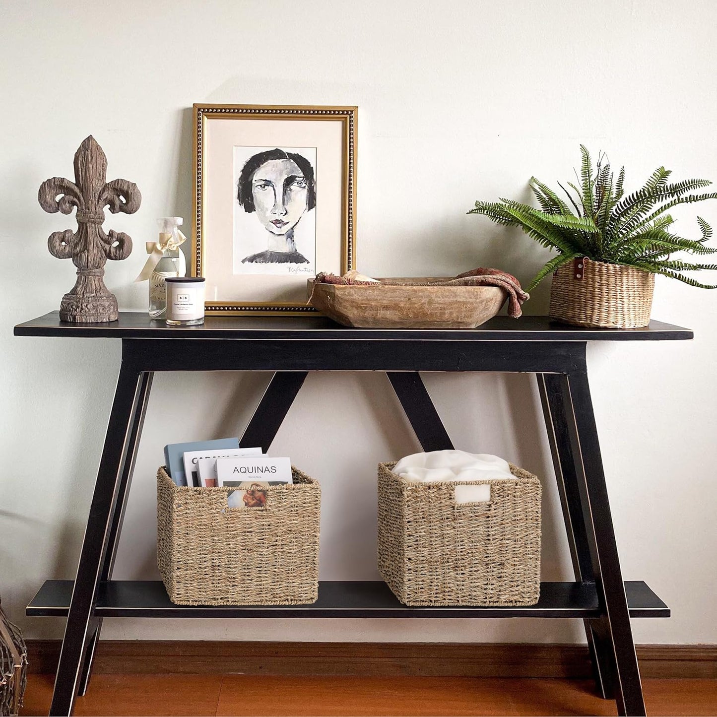 12x12x10in Water Hyacinth Storage Basket Large, Folding Cube Woven Wicker Storage Basket for Shelves, Pantry Baskets Organization and Storage, Kitchen Storage Baskets, Large Rattan Basket Set of 3